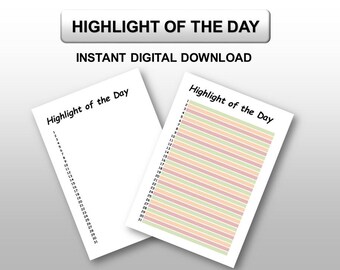 Könnte beinhalten: Zwei druckbare Seiten mit dem Text "Highlight of the Day" und nummerierten Zeilen von 1 bis 31. Die erste Seite ist leer, während die zweite Seite einen gestreiften Hintergrund in den Farben Rosa, Grün und Gelb hat.