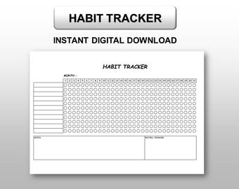 May include: A black and white printable habit tracker with a grid of circles for each day of the month. The tracker includes a section for notes and a section for rating and reward.