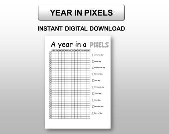 Könnte beinhalten: Ein druckbarer schwarz-weißer Jahres-Pixel-Tracker. Der Tracker hat ein Raster mit 31 Zeilen und 12 Spalten, die die Tage des Monats darstellen. Jede Spalte ist mit einem Monat des Jahres beschriftet. Der Tracker hat eine Liste von Stimmungsbeschreibungen rechts neben dem Raster, darunter "Toller Tag", "Guter Tag", "Produktiv Tag", "Normaler Tag", "Trauriger Tag", "Gestresster Tag", "Müder Tag", "Kranker Tag", "Schrecklicher Tag" und "Langweiliger Tag".