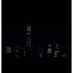 Puede incluir: Silueta de un paisaje urbano nocturno sobre un fondo negro. El horizonte presenta rascacielos iluminados, con el edificio más alto con dos luces azules brillantes en la parte superior. El logotipo de Batman es visible en un edificio.