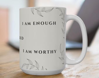 Affirmations Coffee Mug: Beige Minimalist Tea Cup, Self Love Gift