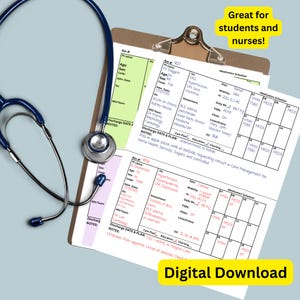 Puede incluir: Una descarga digital de temática médica, que muestra una carpeta con registros de pacientes y un estetoscopio. La carpeta muestra gráficos médicos con datos de pacientes. El texto de la imagen dice "Great for students and nurses!" y "Digital Download."
