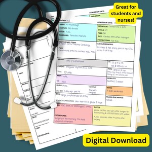 May include: Digital download of medical documents with patient information, including allergies, vitals, and procedures. A stethoscope is draped over the papers. Text reads "Great for students and nurses!"
