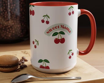 Cherry Print Ceramic Custom Coffee Mug: Red Fruit Theme Personalized Drinkware, Gift for Mom