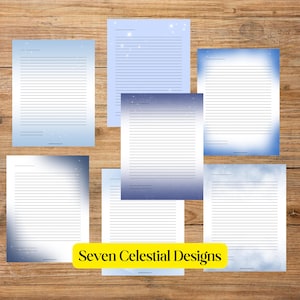 May include: Seven sheets of lined paper with celestial designs. Each sheet has a different gradient of blue, with subtle star and cloud accents. The text "Seven Celestial Designs" is in a yellow rectangle at the bottom.