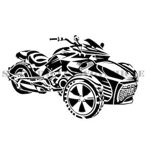 Könnte beinhalten: Schwarz-weiße Grafik eines dreirädrigen Motorrads. Das Design zeigt detaillierte Illustrationen der Fahrzeugteile, einschließlich Lenker, Räder und Motor. Das Bild ist eine stilisierte Darstellung eines modernen Trikes.