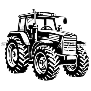 May include: Black and white illustration of a tractor. The tractor has large, rugged tires, a cab with windows, and a prominent exhaust pipe. The design is detailed, showing the tractor's various components.