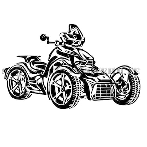 Könnte beinhalten: Schwarzweiß-Illustration eines dreirädrigen Motorrads mit einem großen Vorderrad und zwei kleineren Hinterrädern.