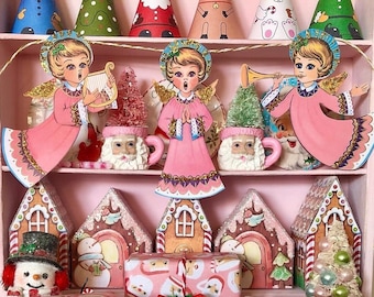 Miniature Glittered Christmas Angels - HANGING BUNTING BANNER - Vintage Retro Pink Christmas - Choose 1/6 Scale or 1:12 Scale Miniature