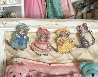 Vintage Dressed Kitty - HANGING BUNTING BANNER - Choose 1/6 Scale or 1:12 Scale Miniature