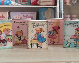 9 Birthday Cards - or - 12 Party Invites - Retro Vintage Prints - Available in 1:12 or 1/6 Scale Miniature