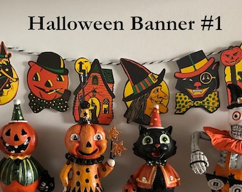 Miniature Vintage Halloween - Retro HANGING BUNTING BANNER Garland - Choose 1/6 Scale or 1:12 Scale Dollhouse Miniature