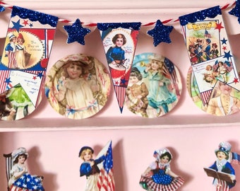 Patriotic 4th of July Pennant - Vintage Style Retro Hanging Garland Bunting Banner - Choose 1/6 or 1:12 Scale dollhouse Miniature