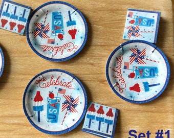 Patriotic 4th of July - Paper Plates Napkins - Choose 1/12 Dollhouse or 1:6 Scale Miniature