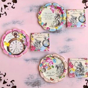 May include: Six Alice in Wonderland themed paper plates and napkins. The plates are pink and white with floral designs and the napkins are blue and white with floral designs. The plates feature quotes from the book, such as "Oh my ears and whiskers!" and "Why, sometimes I've believed as many as six impossible things before breakfast."