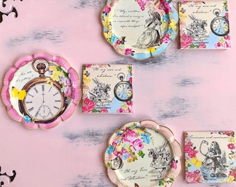 Miniature - Alice in Wonderland PLATES & reversible NAPKINS - Set of 3 - Choose 1:6 or 1/12 Scale Mini - Blythe Licca Holala Byers Choice