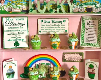 1:6 Scale Miniature - St. PATRICK'S Day - Cupcakes - Shamrock Cookies - Chocolate Gold Coins - Lucky Sign - Irish Blessings & Decorations