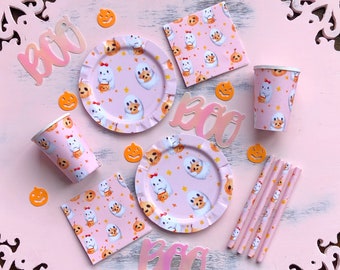 Pink Halloween - Miniature Paper Plates Napkins Cups Straws or Pennant Garland - Choose 1/12 or 1:6 Scale Miniature