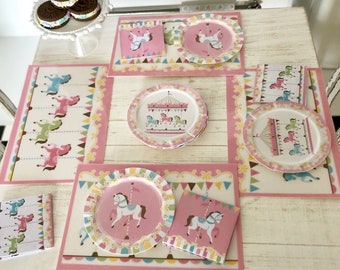 PINK CAROUSEL Party Table Setting - Plates Napkins Placemats - Choose 1/6 Scale or 1:12 Scale Miniature