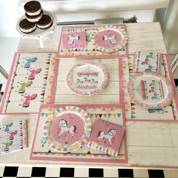 PINK CAROUSEL Party Table Setting - Plates Napkins Placemats - Choose 1/6 Scale or 1:12 Scale Miniature