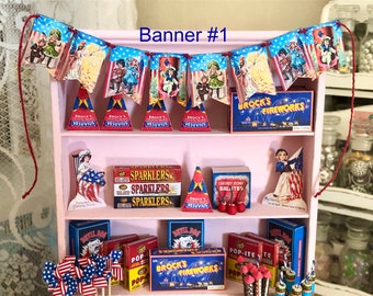 Patriotic 4th of July Bunting Banner - Vintage Style Retro Hanging Garland - Choose 1/6 or 1:12 Scale dollhouse Miniature