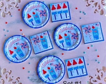 Miniature - Patriotic 4th of July Memorial Day Barbecue Picnic - Paper Plates Napkins - Choose 1/6 Playscale or 1:12 Scale Dollhouse