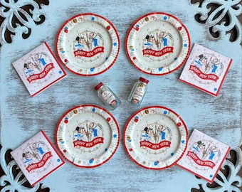NEW YEAR'S EVE - Retro Baby New Year - Glossy Paper Plates Napkins Nye - Choose 1/12 Dollhouse or 1:6 Scale Miniature