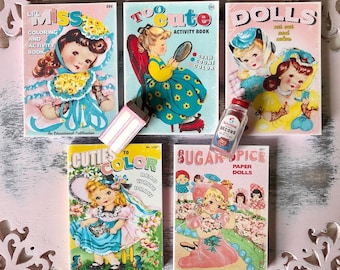 RETRO SPRING BOOKS - Decorative Coloring & Activity Book - Choose 1/12 or 1:6 Scale Miniature