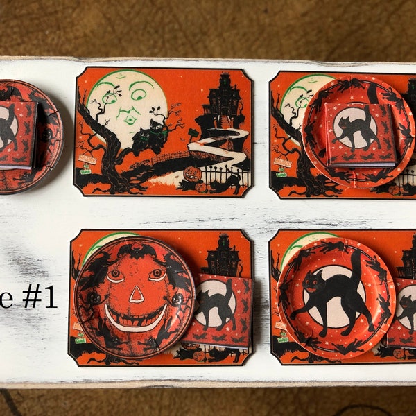 Miniature VINTAGE HALLOWEEN - Paper Plates Napkins Placemats- Choose 1/12 or 1:6 Scale Miniature