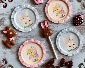 SPRING EASTER Glossy Paper Plates - Set of 4 - Vintage Retro Style - Deer Lamb Chick Kitten - Choose 1:6 Scale or 1/12 Scale Miniature