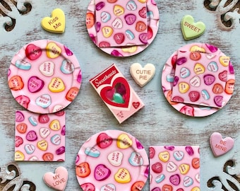 Conversation Candy Hearts - Glossy PAPER PLATES or NAPKINS  - Set of 4 - Choose 1:6 Scale or 1/12 Scale Miniature