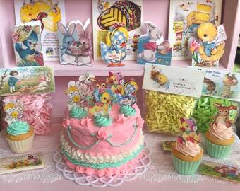 Easter Spring - Vintage Style Frosted Cake - 1:6 Scale Miniature - Blythe Licca Momoko Holala Fashion Royalty Byers