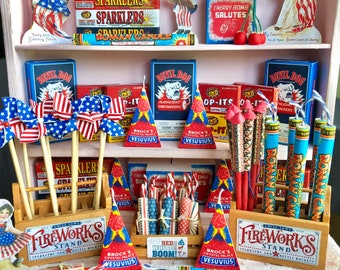 Patriotic 4th of July Fireworks - SPARKLERS Box Pop-Its CHERRY BOMB Devil Dog Firecrackers Vintage style - 1:6 or 1/5 Scale Miniature Byers