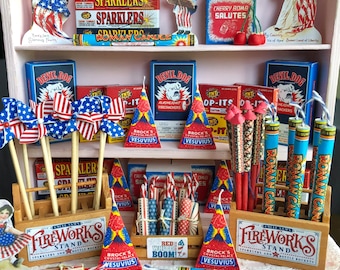 MINIATURE- Patriotic July 4th Fireworks - Sparklers Box Pop-its Rockets Cherry Bomb Firecracker Pinwheel - 1/6 Scale or 1:12 Scale Dollhouse