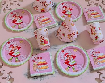 Miniature - Strawberry Shortcake Party Table Setting - Plates Napkins Cups Party Hats - Choose 1/6 Scale or 1:12 Scale Miniature