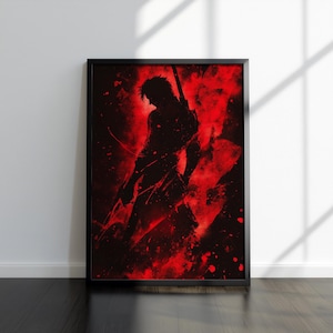May include: Framed art print featuring a silhouette of a figure with a sword, set against a vibrant red and black abstract background. The artwork is displayed in a black frame, leaning against a white wall and dark wood floor.