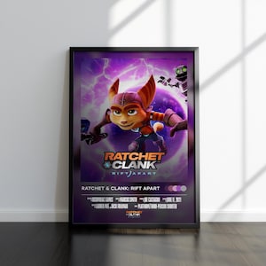 May include: Framed poster featuring the video game "Ratchet & Clank: Rift Apart." The artwork showcases the main character in a dynamic pose against a purple and white background. The poster includes the game's title and credits.