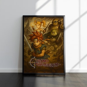 Op de afbeelding: Ingelijste kunstprint met personages uit het videospel "Chrono Trigger". De afbeelding toont een roodharige protagonist met een zwaard, een blonde vrouwelijke personage en een robot. De titel "Chrono Trigger" staat onderaan.