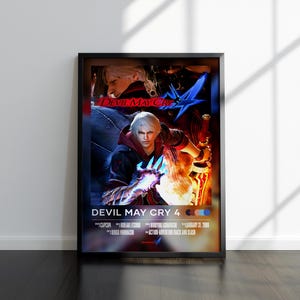 May include: Framed poster for the video game "Devil May Cry 4." The artwork features a character with white hair and a red coat, holding a glowing weapon. The title is in red and blue, with game details below.