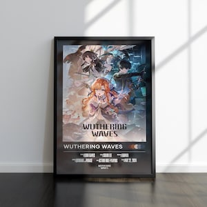 May include: A framed poster featuring anime-style characters from "Wuthering Waves." The artwork showcases a group of characters with detailed clothing and dynamic poses. The poster includes the game's title and credits at the bottom, set against a white wall and dark wood floor.