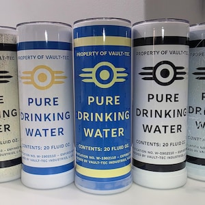 May include: Four stainless steel tumblers with a blue, white, and yellow color scheme. Each tumbler features a Vault-Tec logo and the text "Property of Vault-Tec" and "Pure Drinking Water". The tumblers have a black and white label with the text "Contents: 20 fluid oz.  Expiration No. W-1902110 - Expires Packed by Vault-Tec Industries, U.S.A."