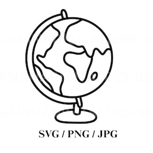 May include: A black and white line art illustration of a globe on a stand. The globe features simplified outlines of continents. Below the globe, the text reads SVG / PNG / JPG. The design is presented in a clean, minimalist graphic style.