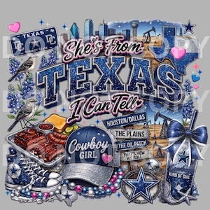 Peut inclure: Un motif graphique avec le texte She's From TEXAS I Can Tell et des textures à paillettes bleues. Il comprend une plaque d'immatriculation du Texas, des fleurs de lupin, un plateau de barbecue, une casquette Cowboy Girl et un gobelet.