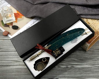 Steampunk Vintage Carving Feather Pen Set Glittering Quill Pen Set Calligraphy Writing Dip Pen with Ink 2 Replacement Nibs Pen Stand Base