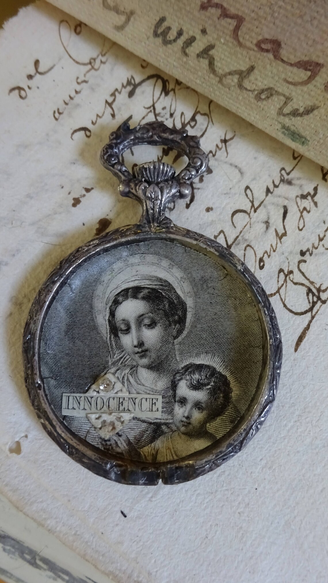 Lovely Old Ornate Salvaged Pocketwatch Base with Holy Card image 0