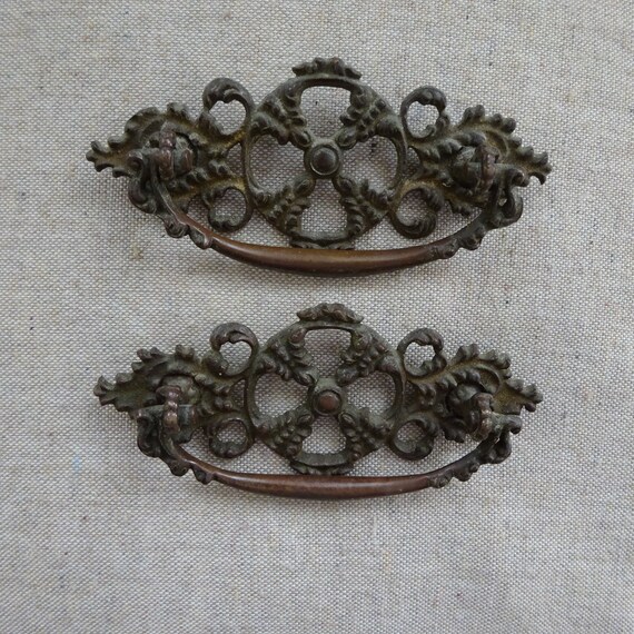 TWO Ornate Antique English Drawer Pulls Amazing Aged Patina Etsy