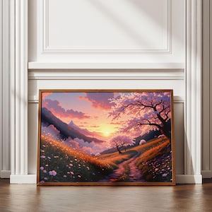 Impresión artística de anime de flor de cerezo / Descarga digital de paisaje japonés / Decoración de pared de prado de Sakura / Imprimible de fantasía pastel