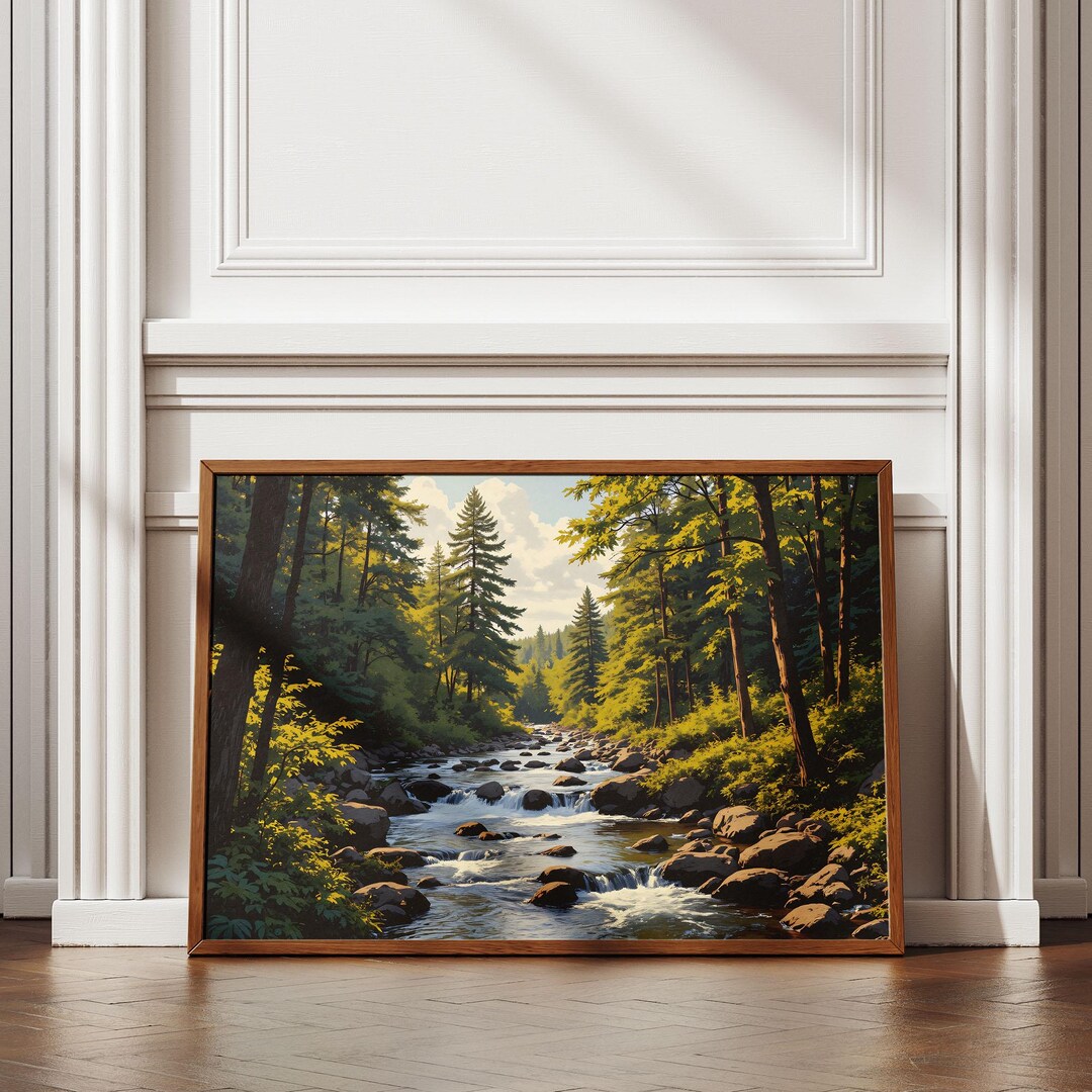 Rocky River Forest Scene Painting | Serene Landscape Wall Art, Nature ...