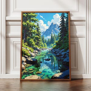Calm Mountain Water Scene Painting | Serene Landscape Wall Art, Nature Digital Download | Vibrant Decor, Home Artwork, Printable Art