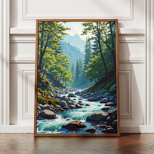 Rocky River Hills Scene Painting | Serene Landscape Wall Art, Nature Digital Download | Vibrant Decor, Home Artwork, Printable Art